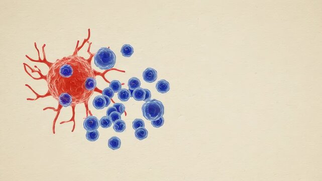 Dendritic cell interacting with T cells. Immune response mechanism showing lymphocyte grouping around pathogen. Biological study of cellular immunity process.