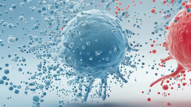 Blue and red cells interacting with floating particles. Microscopic biological process showing immune response or cellular interaction for medical research education.