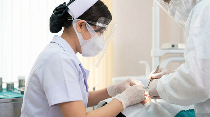 Naklejka premium Dental team wearing face shields and protective masks treating a patient in a modern dental clinic.