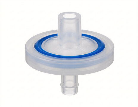 Macro view of a single translucent white syringe filter with a vibrant blue plastic ring seal and Luer-lock inlet on white