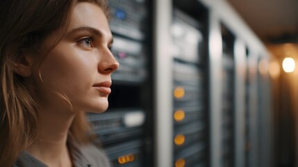 Naklejka premium A thoughtful profile view of a professional in a technology environment contemplating data and digital systems