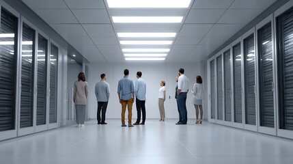 Fototapeta premium A diverse group of professionals discusses technology within the expansive highly structured environment of a modern data center server room