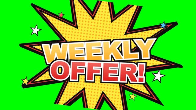 Vibrant Comic Style 4K Green Screen Chroma Key Weekly Offer Text Bubble Bursting Animation with Stars for Marketing and Promotion