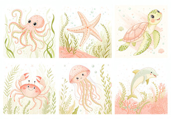 Obraz premium Set of cute flat marine animals isolated on white. Includes clownfish, goldfish, dolphin, whale, sea turtle, octopus, jellyfish, seahorse, crab, starfish, scallop shell, penguin. Bright colors.