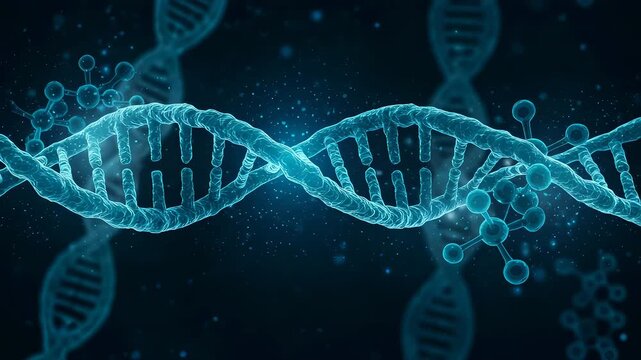 Rotating dna helix strand in microscopic view. Genetic research and biological structure animation. Medical science technology for biotechnology and gene editing.