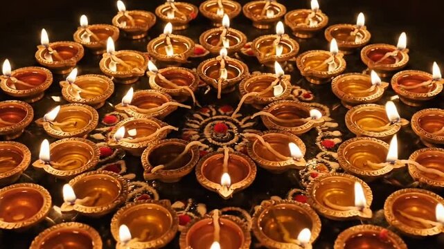 Traditional Diya Oil Lamps Burning in Circular Pattern for Diwali