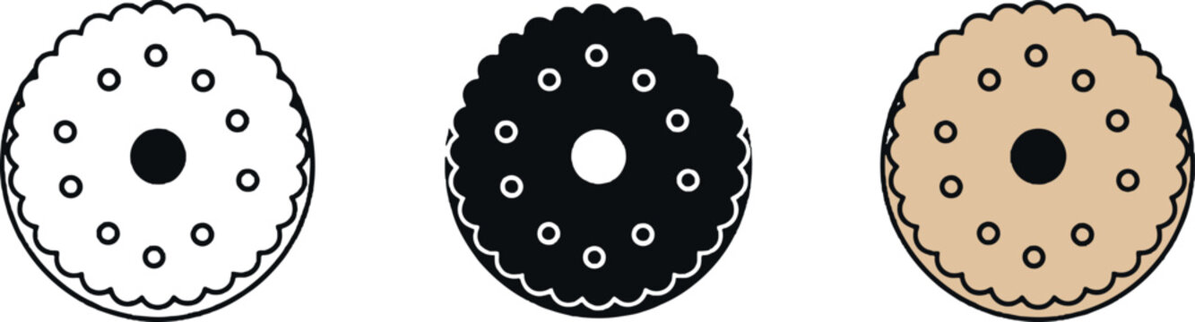 Round Cracker Biscuit Icon Set in Outline, Black Silhouette, and Color Styles for Food, Snack, Bakery, and Menu Graphic Design Projects