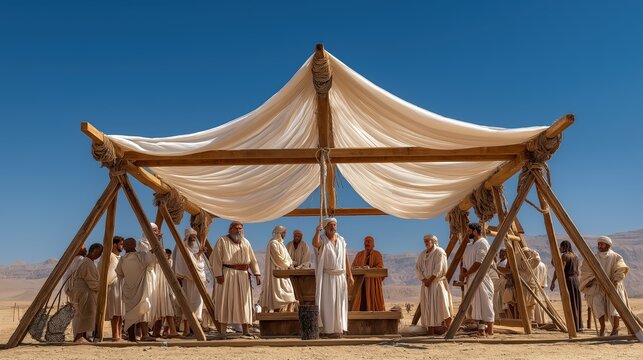 A wide morning scene of moses erecting the tabernacle with priests and levites arranging its structure under clear desert sky and fresh light, symbolizing order and obedience.