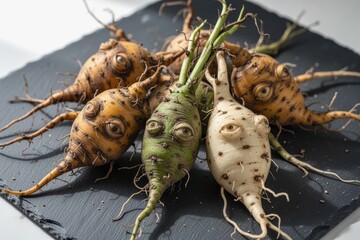 Fototapeta premium Root vegetables with knobby facelike growths arranged on dark slate surface