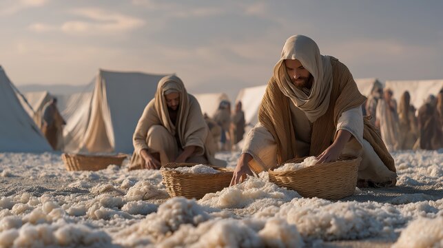 An early morning desert scene of manna covering the ground like frost as israelites gather it near their tents under soft dawn light, expressing daily provision and mercy.