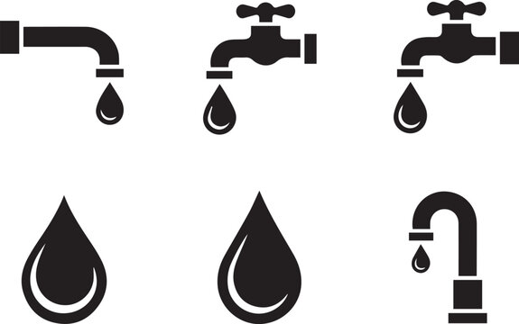 Set of black water tap and water drop icons on white background