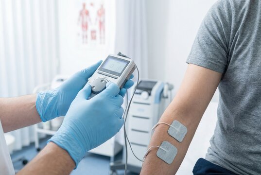 Therapist applying electrical stimulation tens pads to patient arm