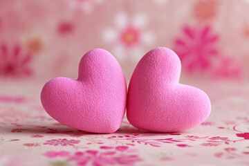 Fototapeta premium two pink hearts, a love-themed wallpaper background, a romantic scene