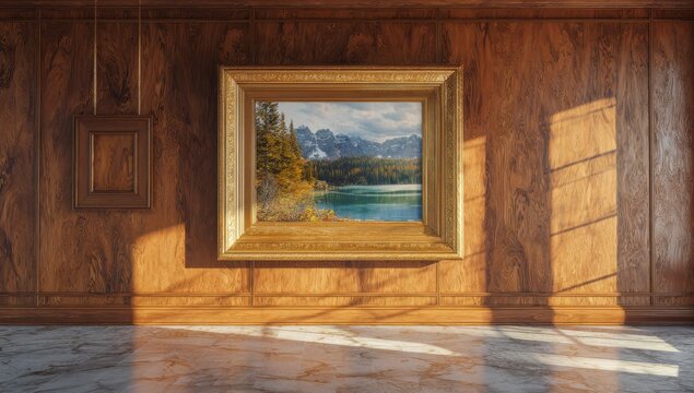 painting of a lake and forest in the mountains