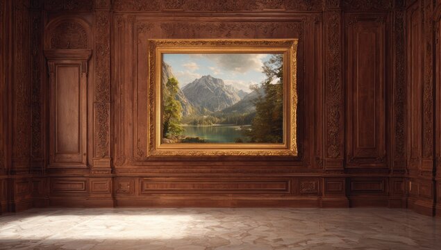 painting of a lake and forest in the mountains