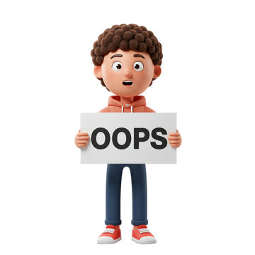 Cartoon boy holding an "Oops" sign with surprised expression  