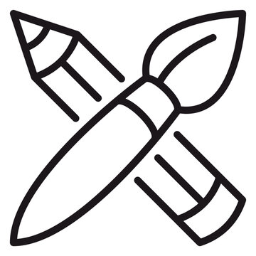 Crossed Pencil and Paintbrush Vector Icon Illustration, Minimalist Black Line Art Symbol for Creativity, Graphic Design, Art Tools, Drawing, and Painting, Scalable Graphic Resource.