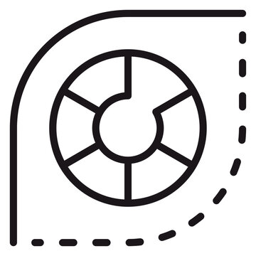 Minimalist black line art vector icon of a circular donut chart or sunburst graph enclosed within a leaf-shaped frame with a dashed border, symbolizing business data analysis and growth metrics.