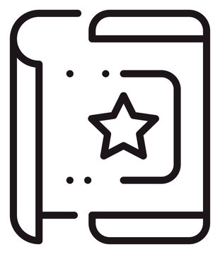 Minimalist black vector icon of an unrolled scroll or map featuring a central star and dotted lines, ideal for representing favorite locations, treasure maps, or important documents.