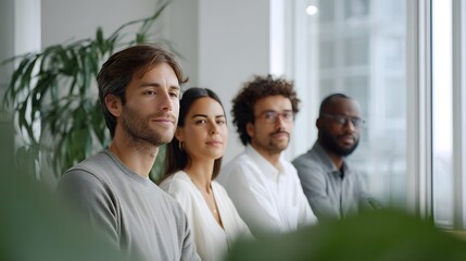 Naklejka premium A diverse group of professionals discussing strategy and future goals in a bright modern office setting