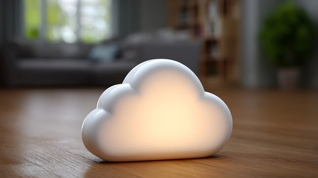 A glowing cloud shaped diffuser resting on wood in a softly lit modern interior setting
