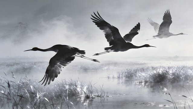 Cranes Flying Over Silver Marsh in Layered Mist Graceful Ink Silhouettes for Serene Wall Art