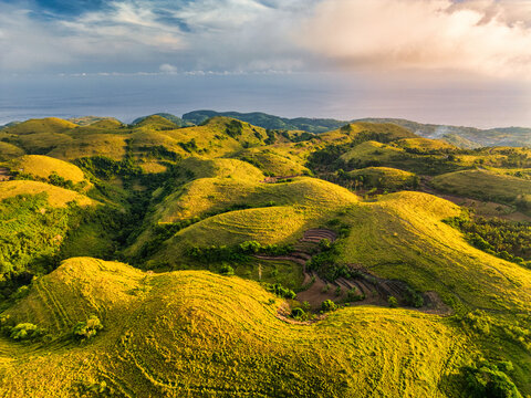 Aerial view of Teletubbies Hill featuring iconic rounded green mounds under soft golden light with the ocean in the distance Kecamatan Nusa Penida, Bali, Indonesia.