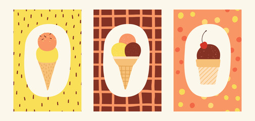 Icecream posters, sweet eating postcard set. Simple summer ice cream dessert. Cone waffle with cream filling, balls in cup, ice-cream in cone. Flat illustrations isolated, bright pattern frame.