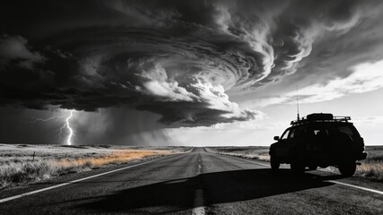 Naklejka premium Storm chaser vehicle silhouetted on empty prairie road beneath supercell sky with cinematic weather tension