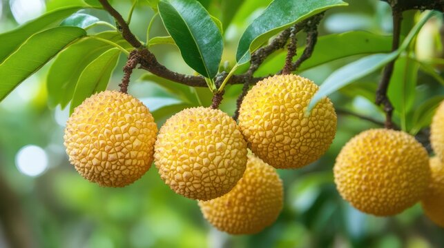 Close-up of noni fruit hanging on a tree branch in a garden, for food articles