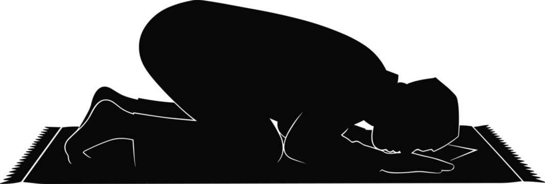 Man praying on prayer mat in sujood position black silhouette isolated on white background