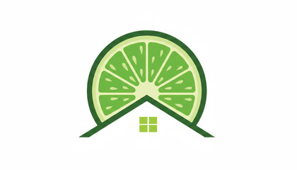 Obraz premium Kiwi slice logo icon with green fruit segments, ribbon banner, and small house window symbol in center