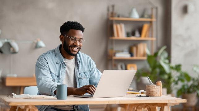 Man working on laptop and smiling at screen, minimal home office, remote work lifestyle, copy space