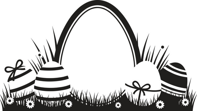 Monochrome graphic illustration of easter eggs and grass with large arch framing an empty space