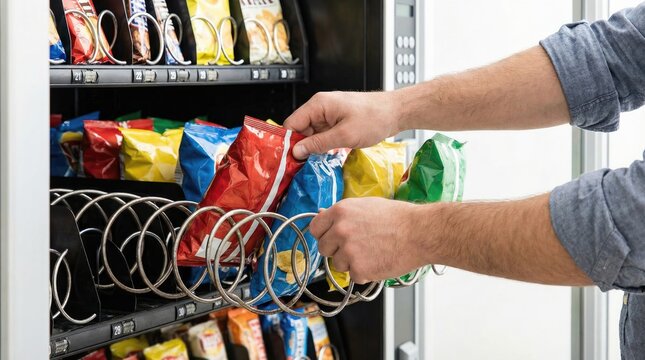 Worker hands stocking bags of potato chips into vending machine spiral