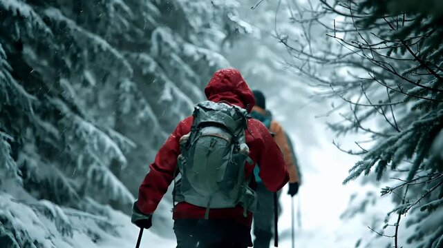 Winter season adventure exploration. A vivid portrayal of two individuals hiking through a snowy forest. The main subject is a person wearing a red jacket and a large backpack.