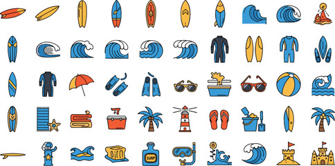 Set of beach surfing and summer vacation elements flat line art icons on white background © Crazy Dreamy Boy