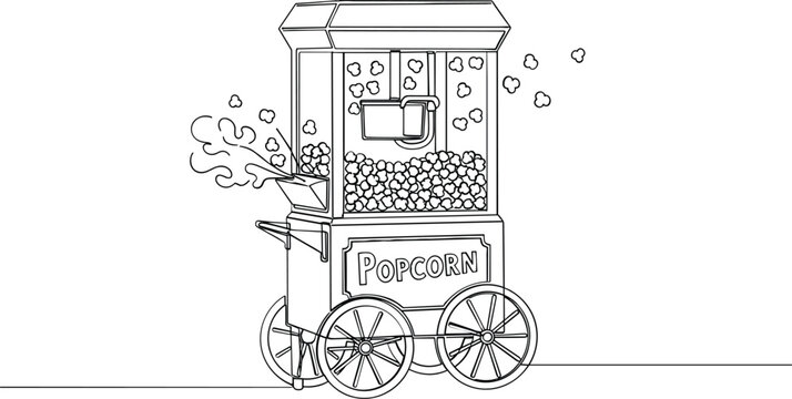 Retro popcorn machine cart line drawing illustration for snack food carnival and cinema concession