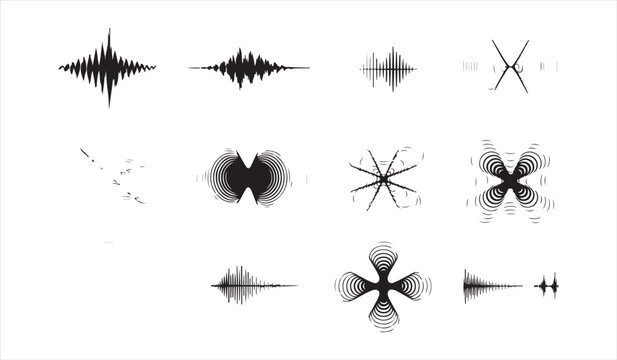 Audio waveform icon set with sound frequency and signal visualization shapes