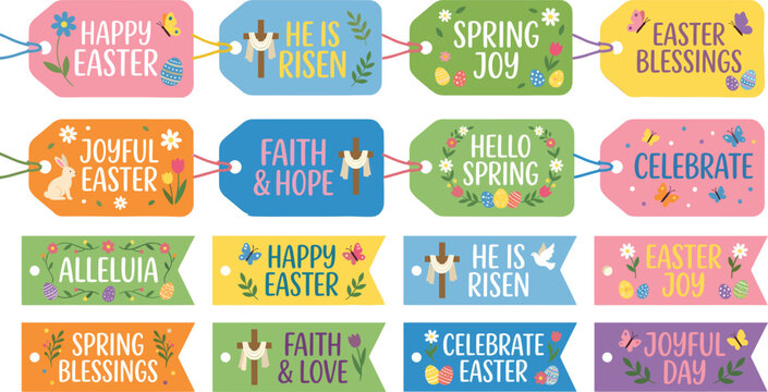 Set of colorful easter banners with festive messages, flowers, and eggs, spring holiday theme