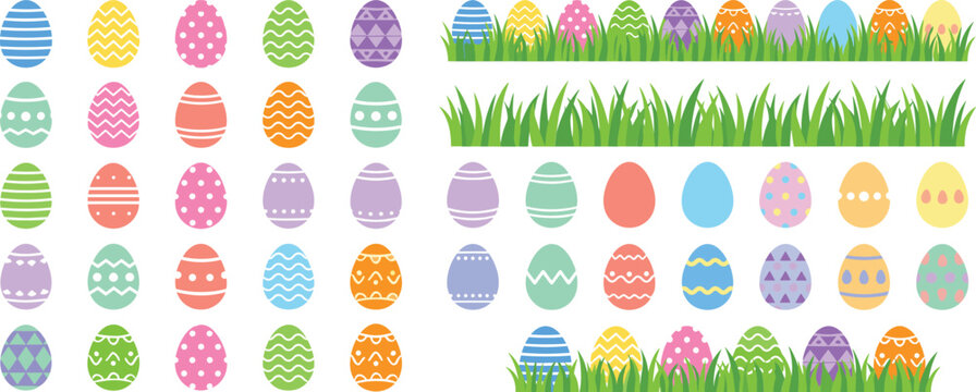Set of colorful easter eggs with various patterns and green grass spring holiday illustration