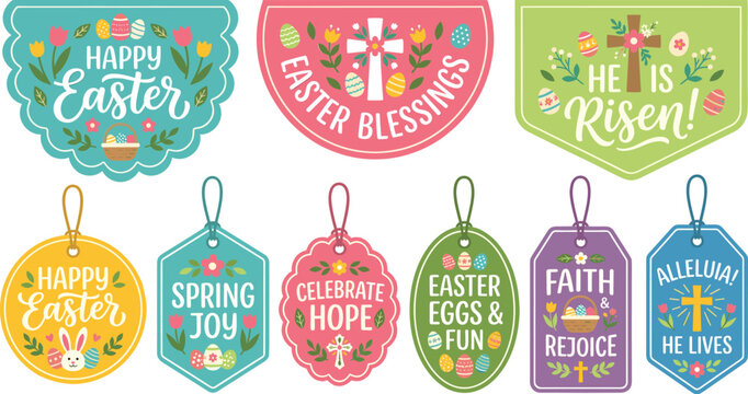 Set of easter vector gift tags and labels for spring holiday celebration with cute bunnies and eggs