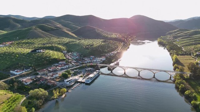 Aerial view of douro river valley bridge and pinhao village in portugal