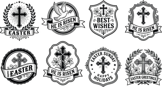 Set of vintage easter religious emblems and labels with christian cross and floral decorative motifs