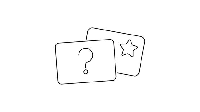 Flashcard vector icon featuring a question mark and a star, minimalist black line illustration for education, study, and learning tools. Clean scalable graphic isolated on white background.