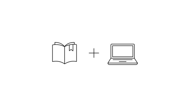 Blended learning vector icon illustration featuring a minimalist black line drawing of an open book and a laptop computer with a plus sign on a white background for digital education concepts.