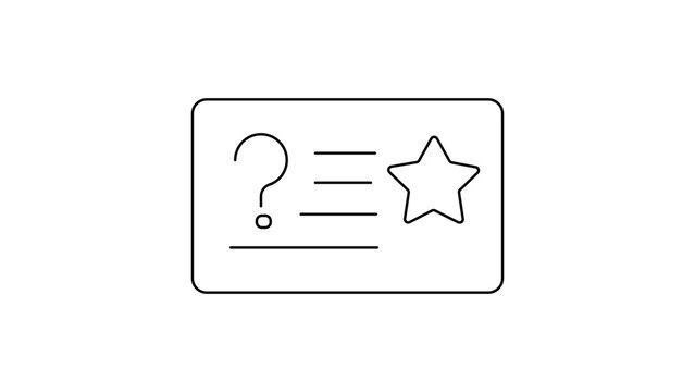 Minimalist black line vector icon illustration of a flash card or index card with a question mark, text lines, and a star, ideal for educational study, learning tools, and memory aid concepts