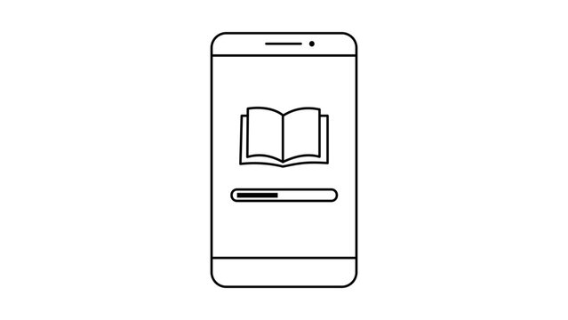 Microlearning and E-learning Concept: Minimalist Black Line Vector Icon of a Mobile Phone with an Open Book and Progress Bar on Screen, Representing Digital Education and Online Study Apps.