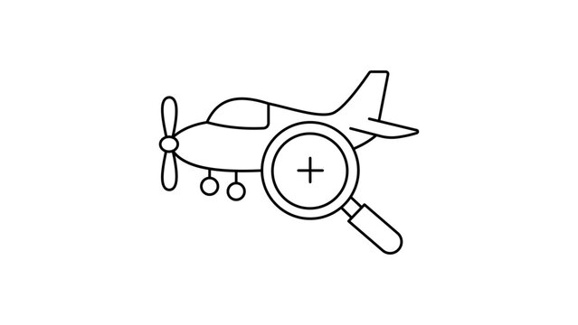 Minimalist black line vector icon illustration of a small propeller airplane with a magnifying glass zoom symbol, representing pilot testing, aircraft inspection, flight search, or aviation.