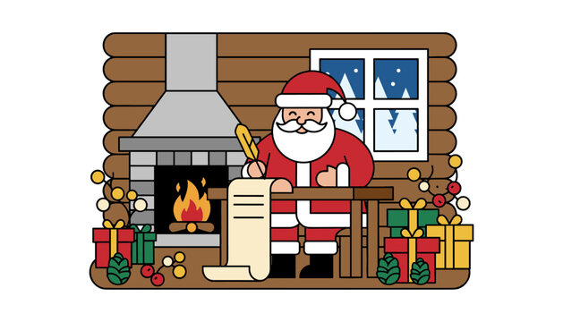 Santa Claus sits by a fireplace in a cozy cabin, writing on a scroll next to presents.